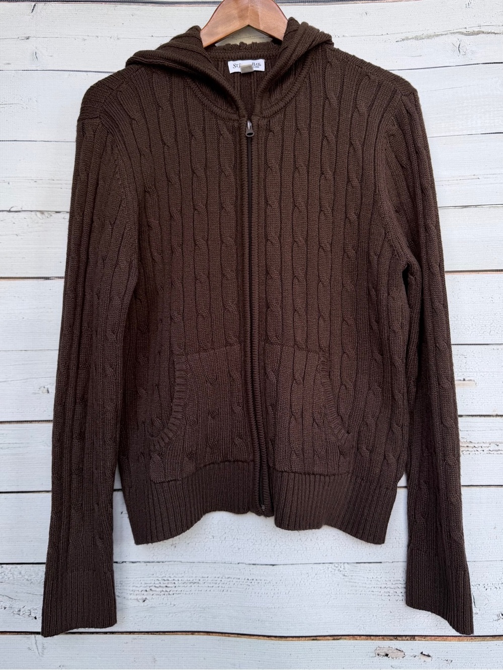 St. John's Bay Cable Knit Full-Zip Hoodie Sweater Size Large
